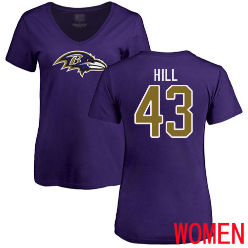 Baltimore Ravens Purple Women Justice Hill Name and Number Logo NFL Football #43 T Shirt